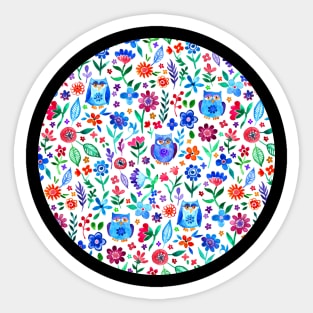 Little owls and flowers on white Sticker